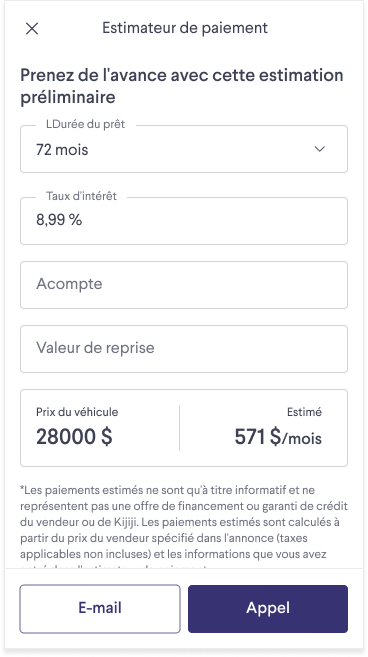 exemple de page d'estimation des paiements avec variables