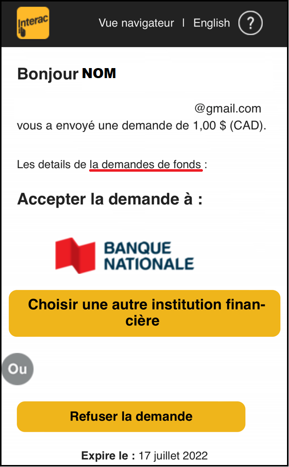 Exemple de demande Interac