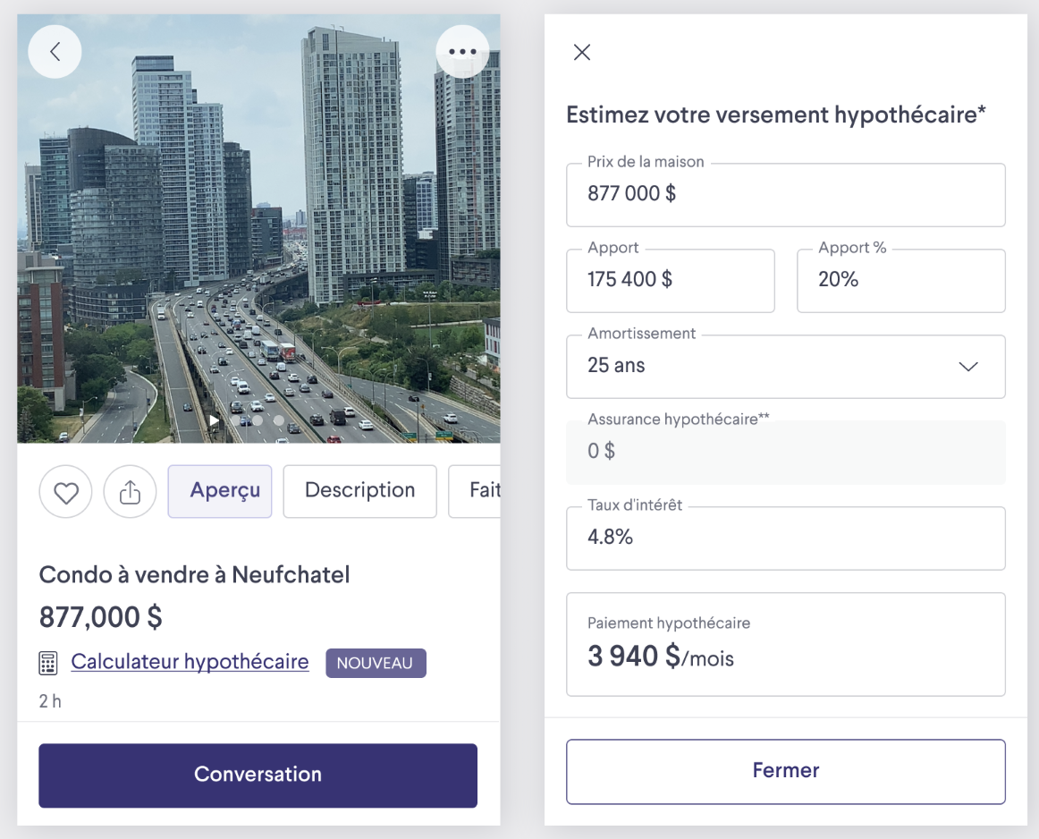 une capture d'écran du calculateur d'hypothèque sur l'application Kijiji