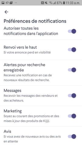 Exemple des préférences de notifications pour Kijiji