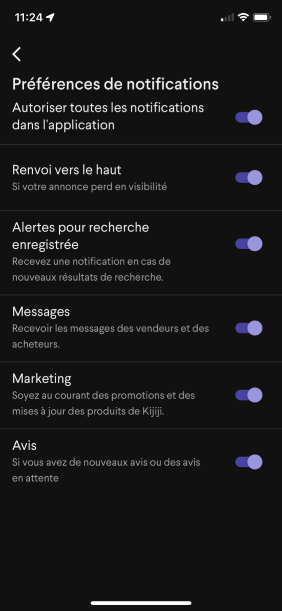 Exemple des préférences de notifications pour Kijiji